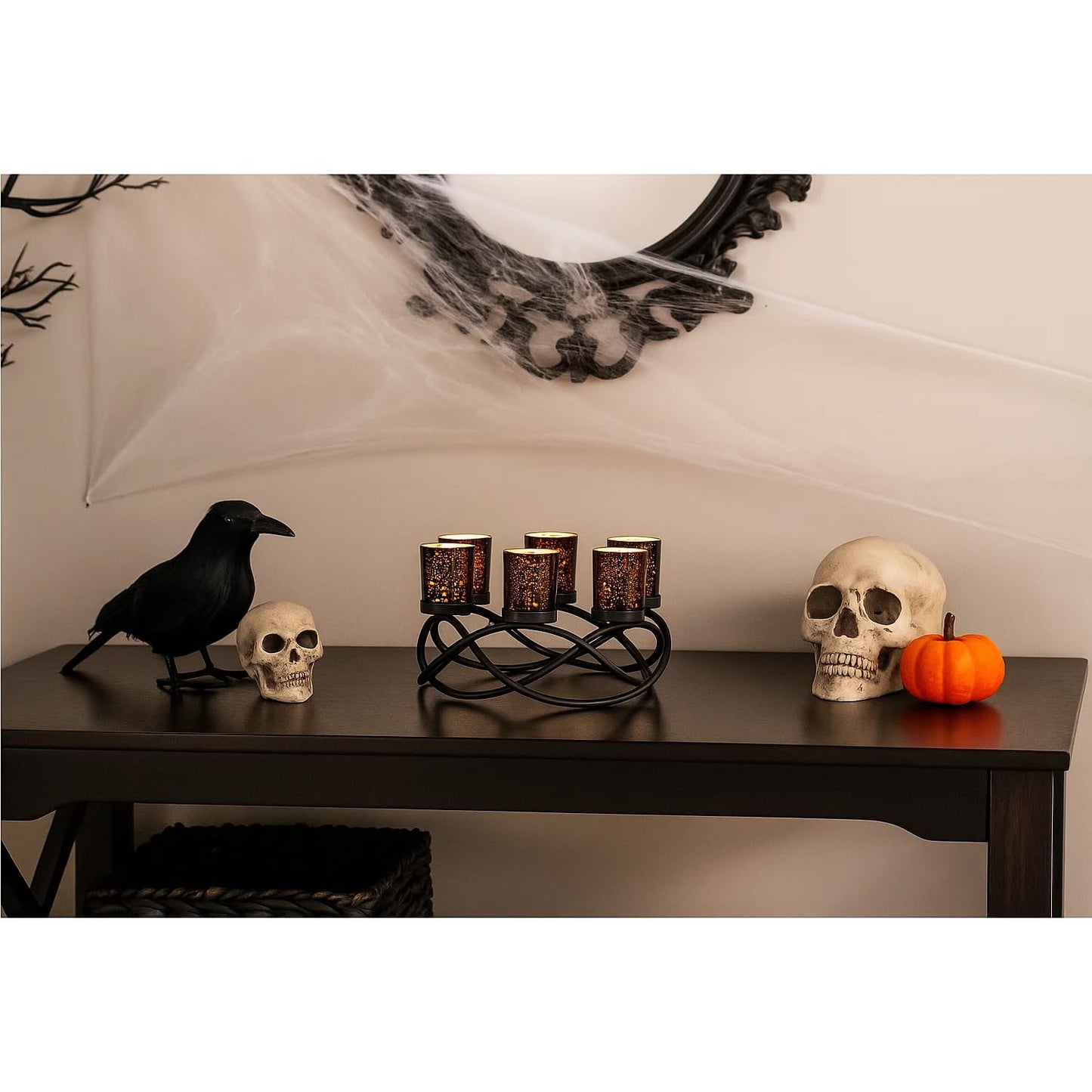 Halloween Candle Holder Centerpiece Decoration – Black Metal Iron 6-Cup Votive Tealight Holder for Spooky Table Gothic Decor, Kitchen & Dining Room, Coffee Tabl - Black 6-Cup - PT08