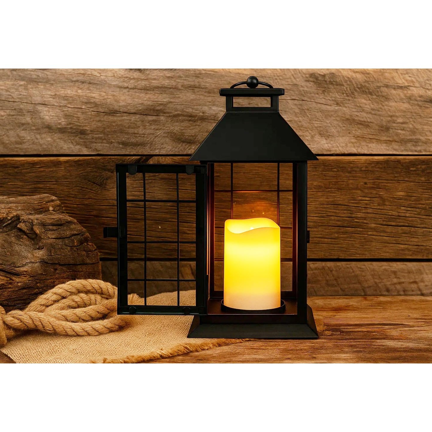 11" Rustic Decorative Candle Lantern – Vintage Metal & Glass Holder for Pillar Candles – Farmhouse Tabletop & Hanging Lantern for Indoor or Patio Decor, Black - Black - PT06