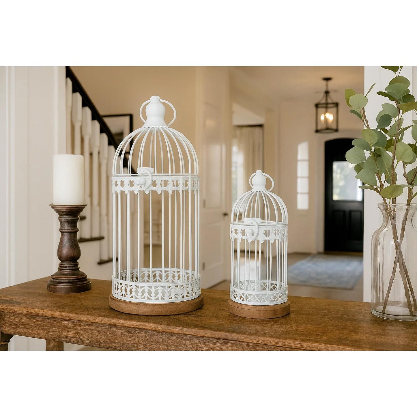 Birdcage Candle Lanterns – Set of 2 Decorative Metal Lanterns on Wooden Base – Vintage Farmhouse Tabletop & Hanging Lantern for Weddings, Parties & Home Decor - White 12" Tall By 5.5" Diameter - PT05