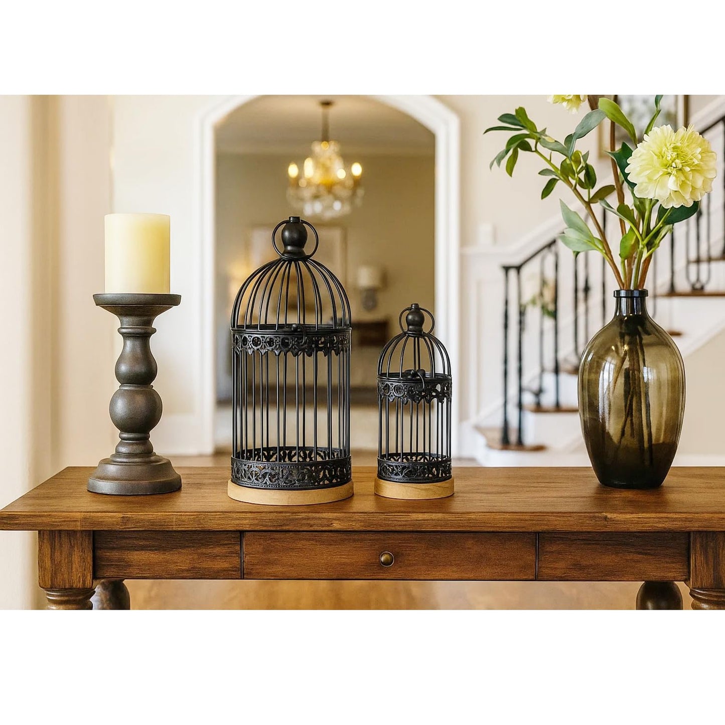 Birdcage Candle Lanterns – Set of 2 Decorative Metal Lanterns on Wooden Base – Vintage Farmhouse Tabletop & Hanging Lantern for Weddings, Parties & Home Decor - Black 12 Inches Tall By 5.5 Inches Diameter - PT04