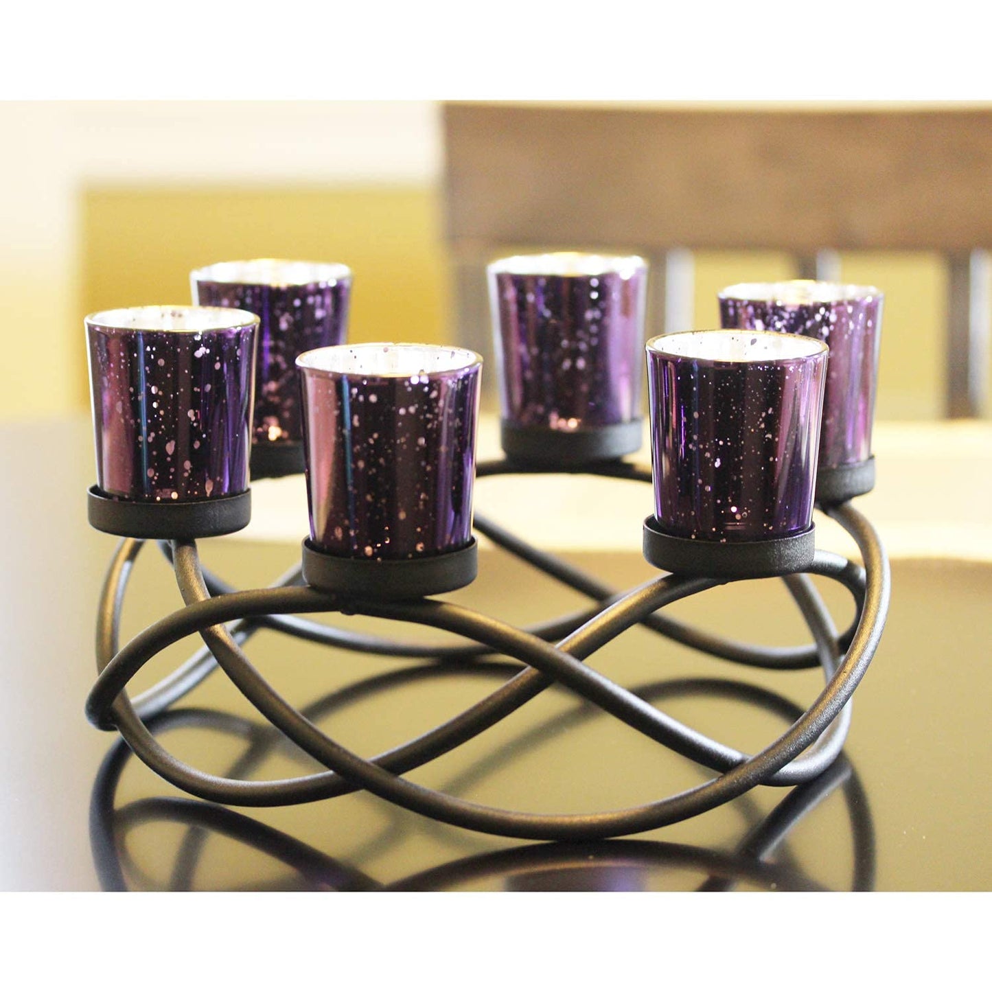 Iron Round Table Decor Centerpiece Decorations Candle Holder for Weddings, Outdoor Patio, Kitchen, Dining Room, and Coffee Tables, Glass Votive Tealight Holders - Black/Purple circular - PT02