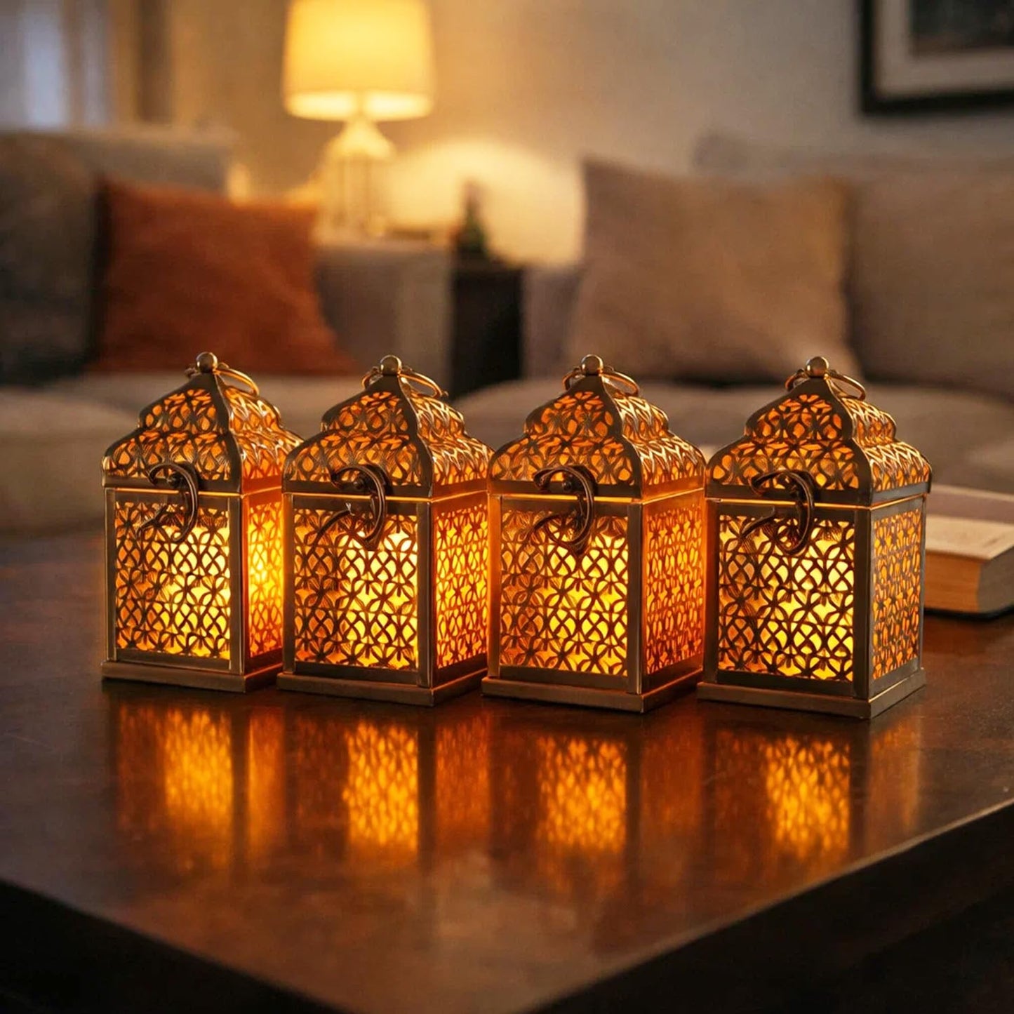 Mini Golden Tower Temple Moroccan Lantern Lamp Decorative Candle Holders for Ramadan Decorations, Hanging, Outdoor Patio or Porch, Indoor Home Decor, Set of 4 - Gold Mini - PT06