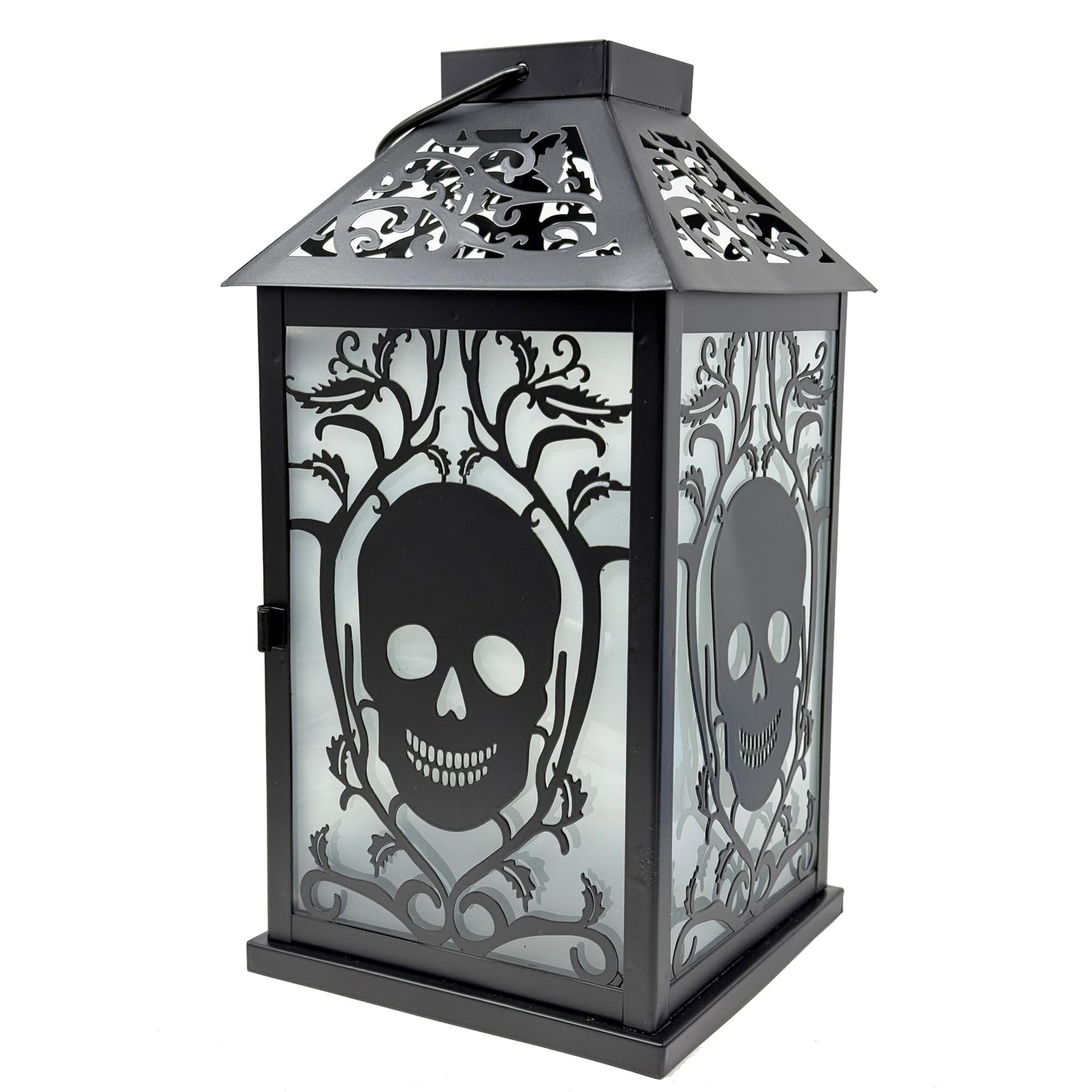 11.5" Halloween Skull Candle Lantern - Decorative Spooky Tabletop Light for Haunted House, Gothic Home, Front Porch & Party Decor, Metal with Frosted Glass (Can - PT06