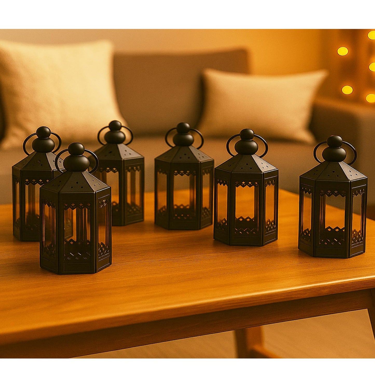 6pc Mini Small 4.5 Inch Metal Moroccan Lanterns Decorative Candle Tealight Holders for Centerpieces, Ramadan, Home Decor, Weddings, Black - Black Set of 6 - PT08