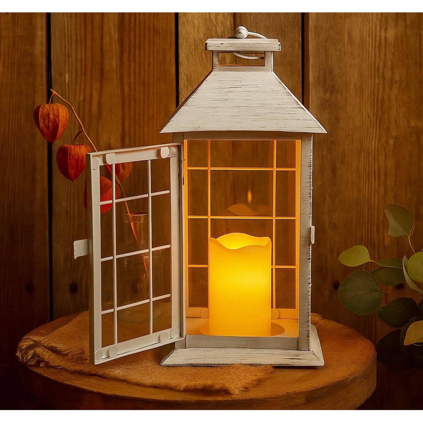 11" Rustic Decorative Candle Lantern – Vintage Metal & Glass Holder for Pillar Candles – Farmhouse Tabletop & Hanging Lantern for Indoor or Patio Decor, White - Rustic White - PT06