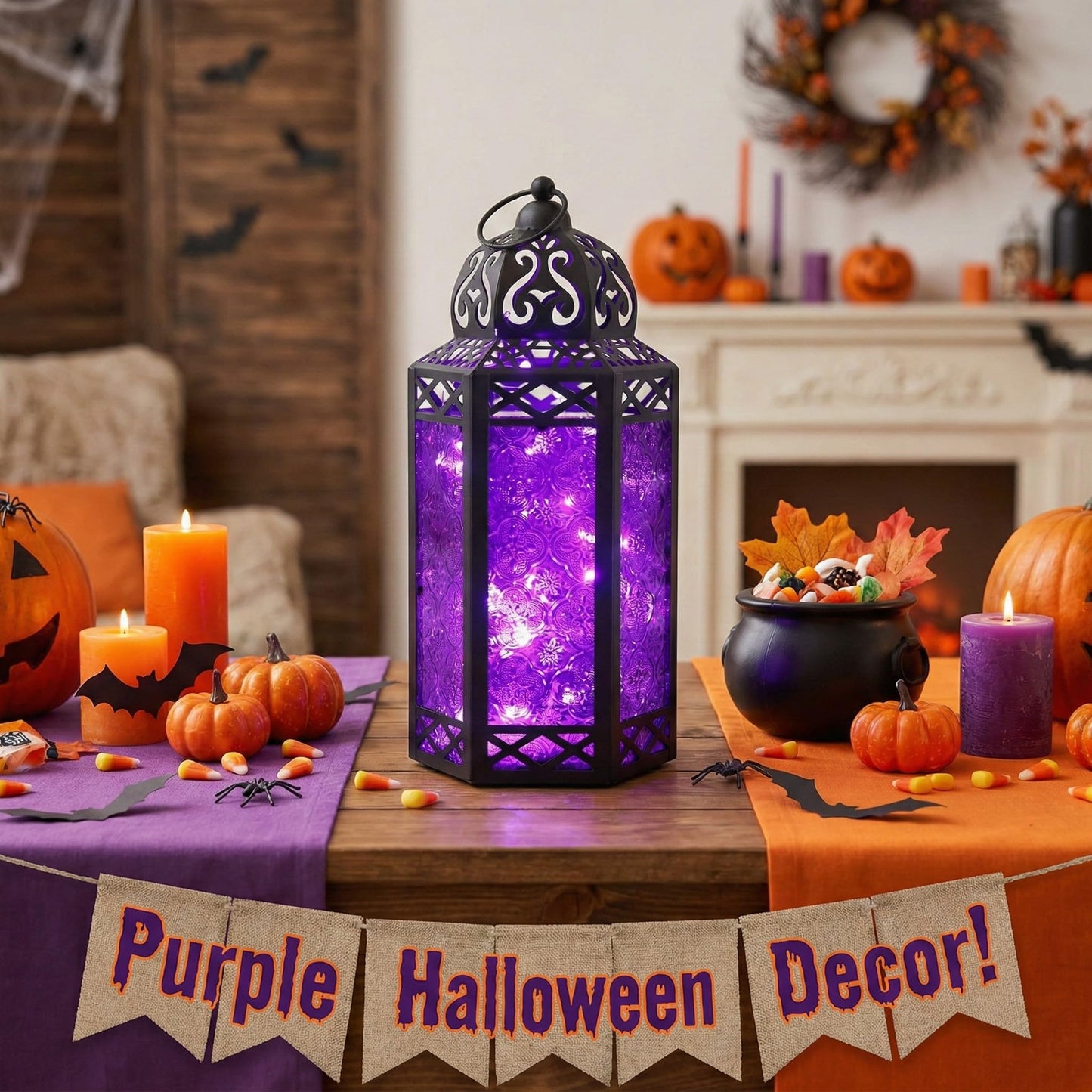 Metal Moroccan Decorative LED Fairy Lights Candle Lantern Holders for Indoor Home Fantasy Decor, Table Centerpieces, Outdoor Patio or Porch, Weddings, Medium - Purple Large - PT08