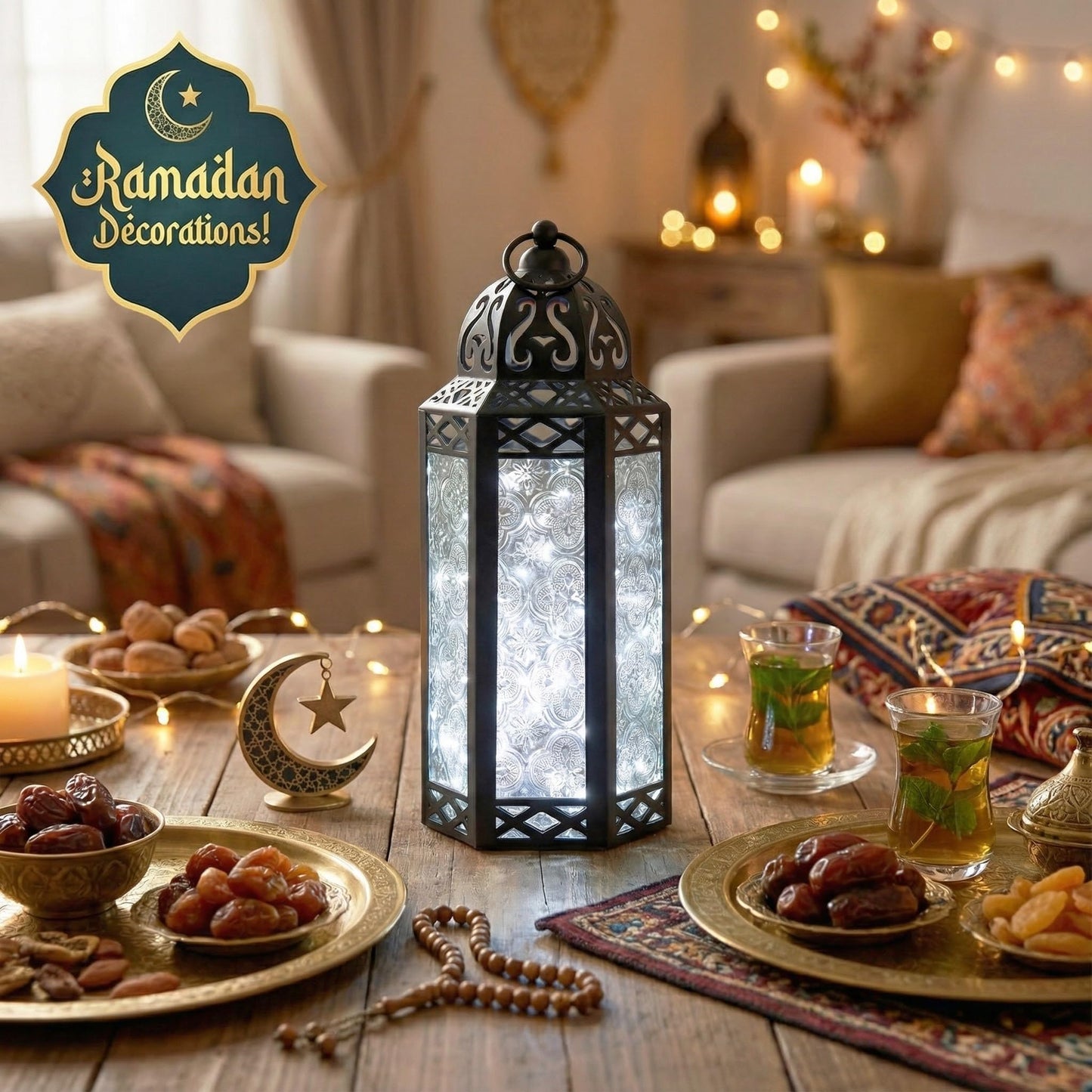 Metal Moroccan Decorative LED Fairy Lights Candle Lantern Holders for Indoor Home Fantasy Decor, Table Centerpieces, Outdoor Patio or Porch, Weddings, Medium - Clear Medium - PT08