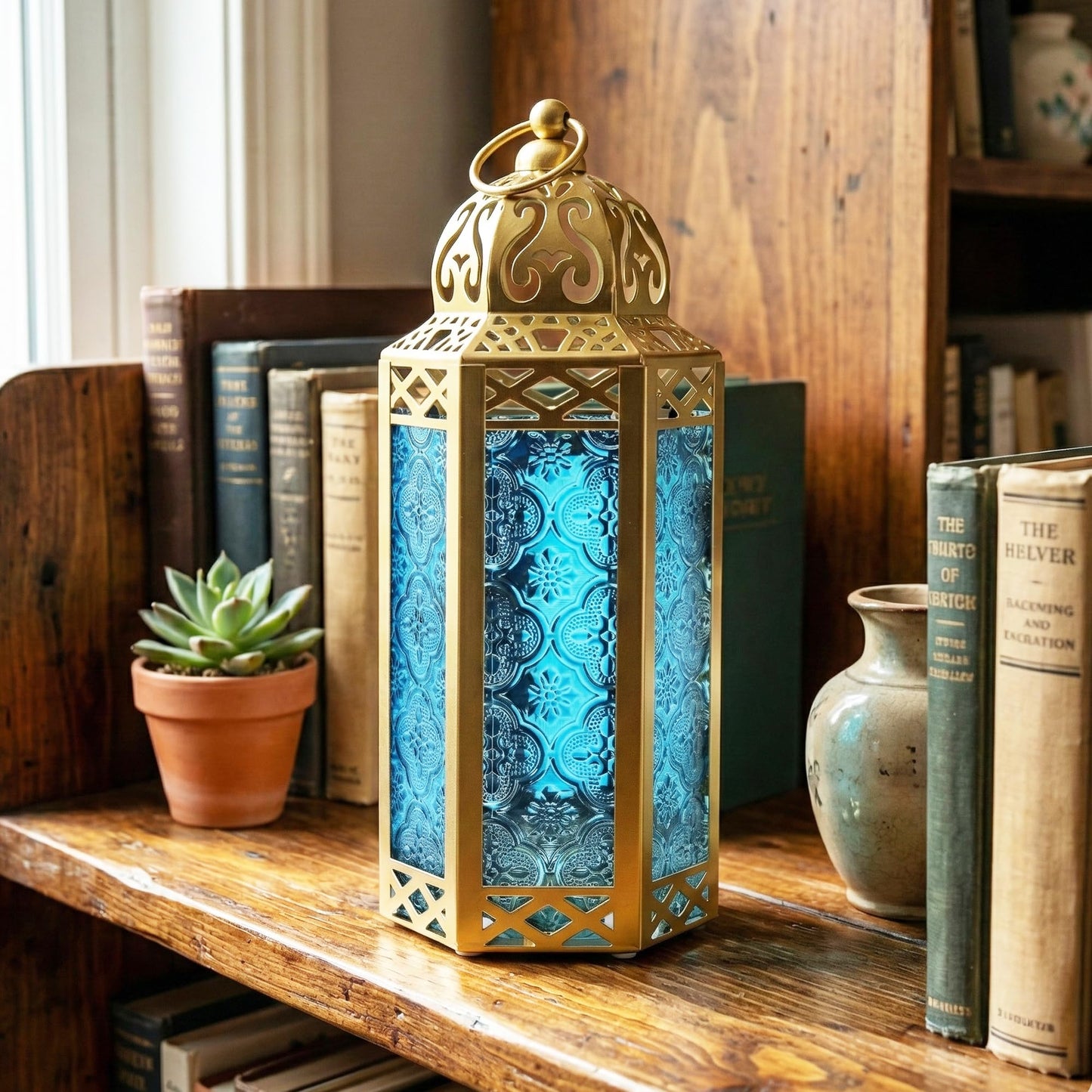 Gold Metal Decorative Moroccan Lantern Candle Holder Lamp - Indoor/Outdoor, Home Decor, Patio, Weddings, Christmas - Gold/Blue Medium - PT08