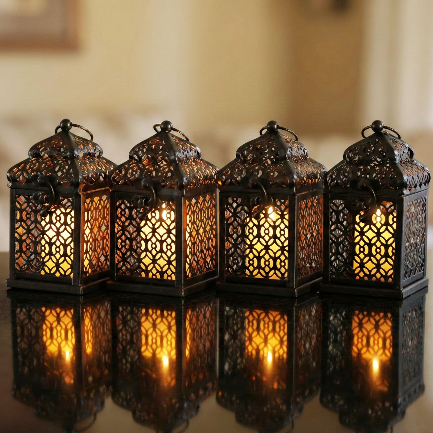 Mini Golden Tower Temple Moroccan Lantern Lamp Decorative Candle Holders for Ramadan Decorations, Hanging, Outdoor Patio or Porch, Indoor Home Decor, Set of 4 - Black Mini - PT08