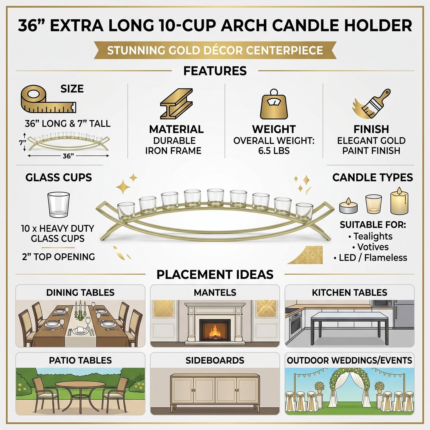 36" Extra Long Iron Arch Table Centerpiece Decorations Long Candle Holder for Weddings, Patio, Kitchen, Dining Room, and Coffee Tables, Gold, Clear Chunky 10 Cu - Gold/Clear 10 Cup - PT03
