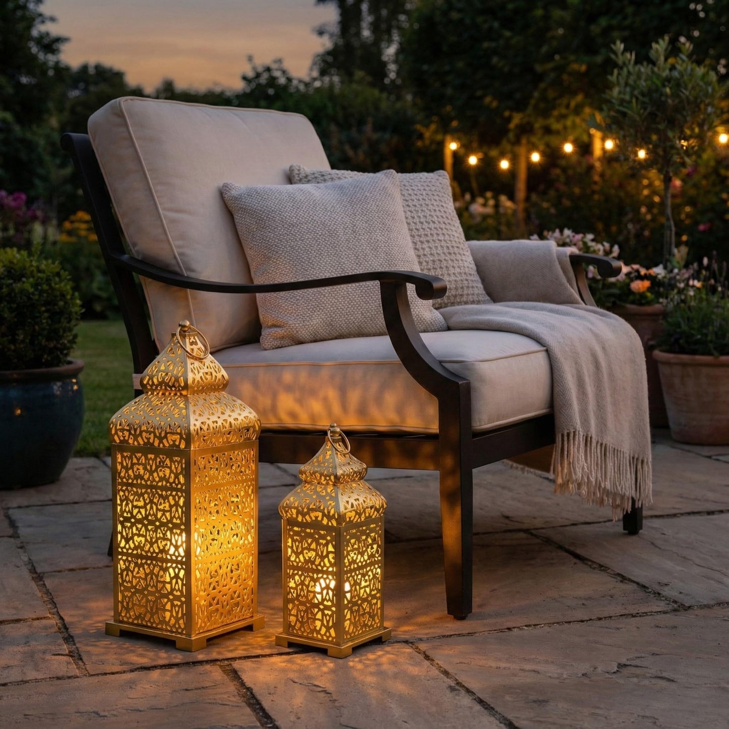 Golden Temple Moroccan Lantern Lamp Decorative Candle Holders for Ramadan Decorations, Hanging, Outdoor Patio or Porch, Indoor Home Decor, Gold, Set of 2 (11" a - Gold 11" and 15" - PT08