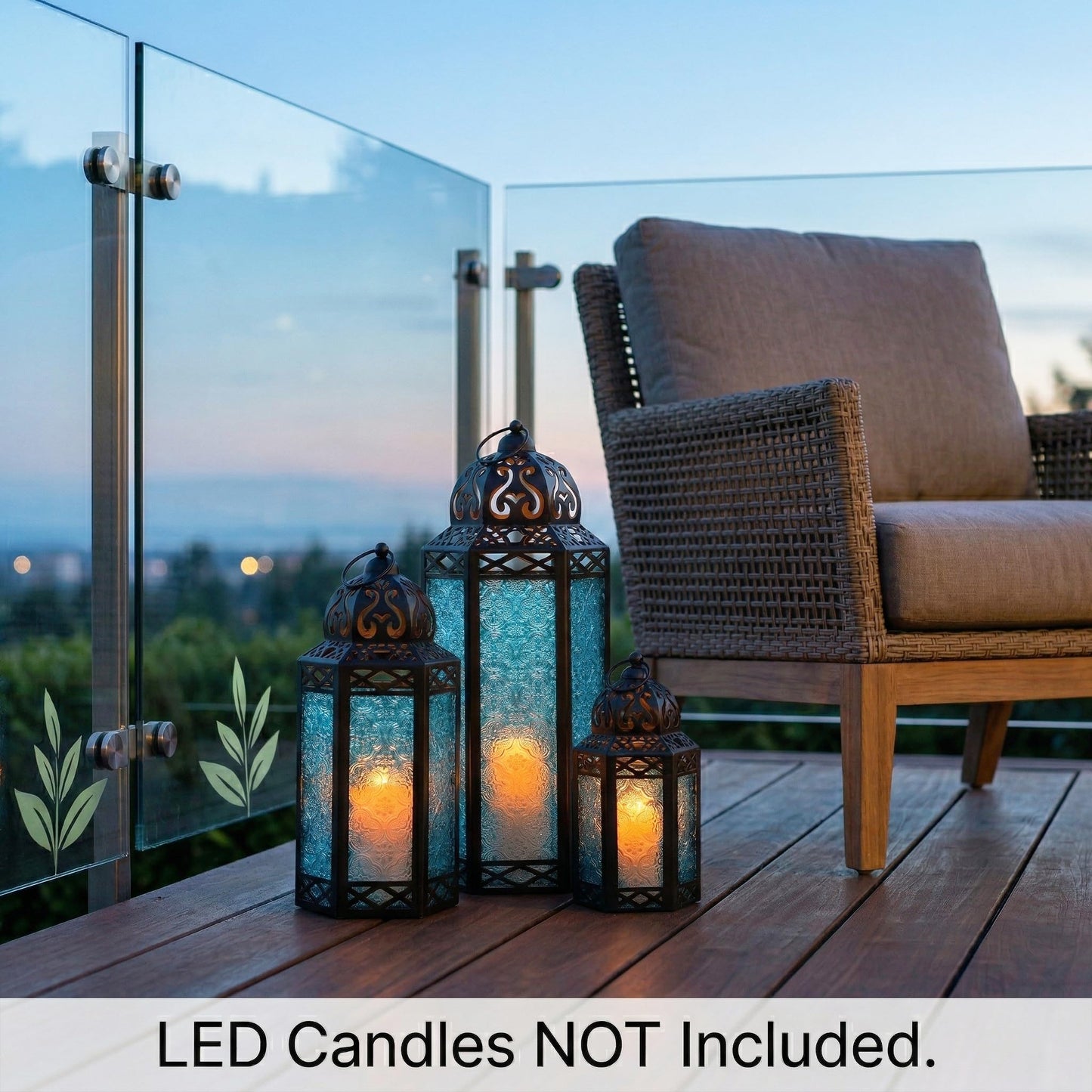 Set of 3 Blue Glass & Black Metal Moroccan Candle Lantern Holders (XL, Large, Small) - Decorative Indoor/Outdoor Decor for Patio, Floor, Weddings & Ramadan - Blue XL-LAR-SM - PT08