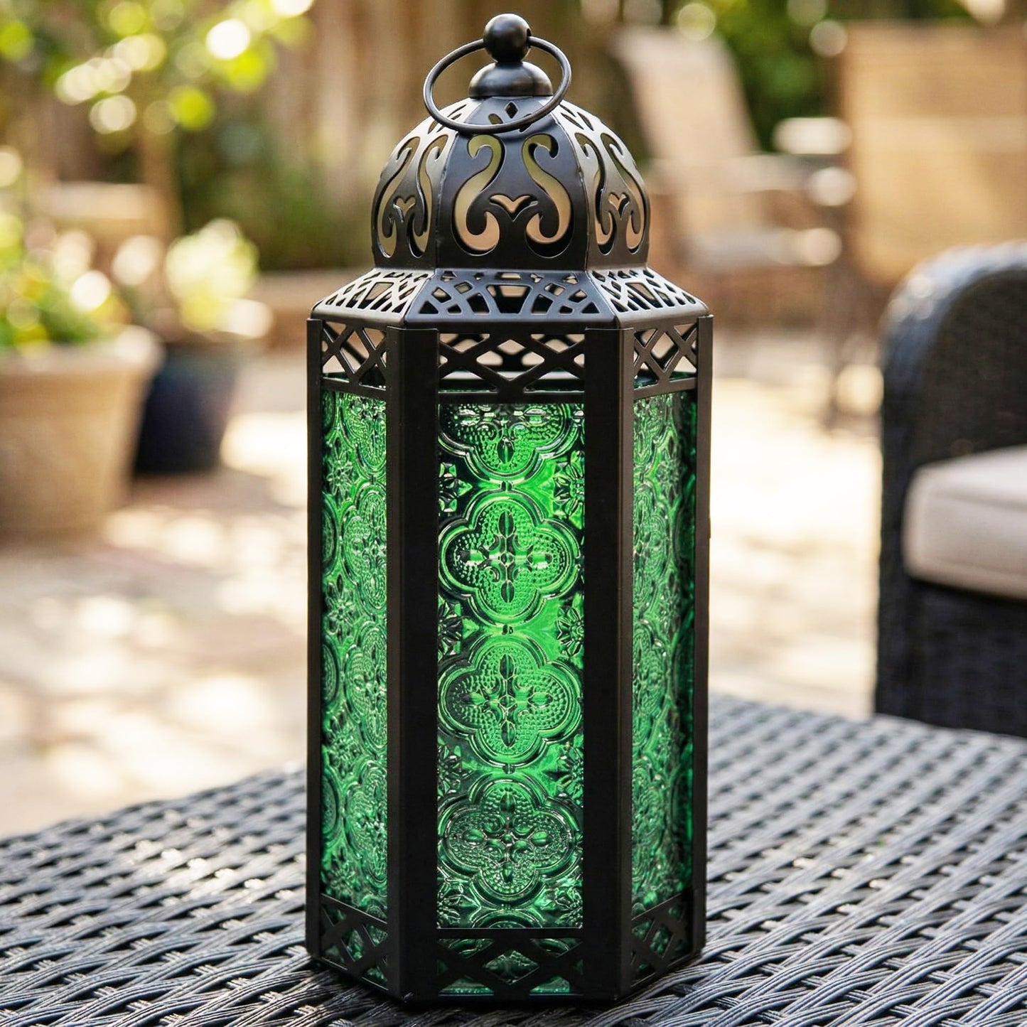 Black Metal Decorative Moroccan Lantern Candle Holder Lamp - Indoor/Outdoor, Home Decor, Patio, Weddings, Christmas - Green Medium - PT08