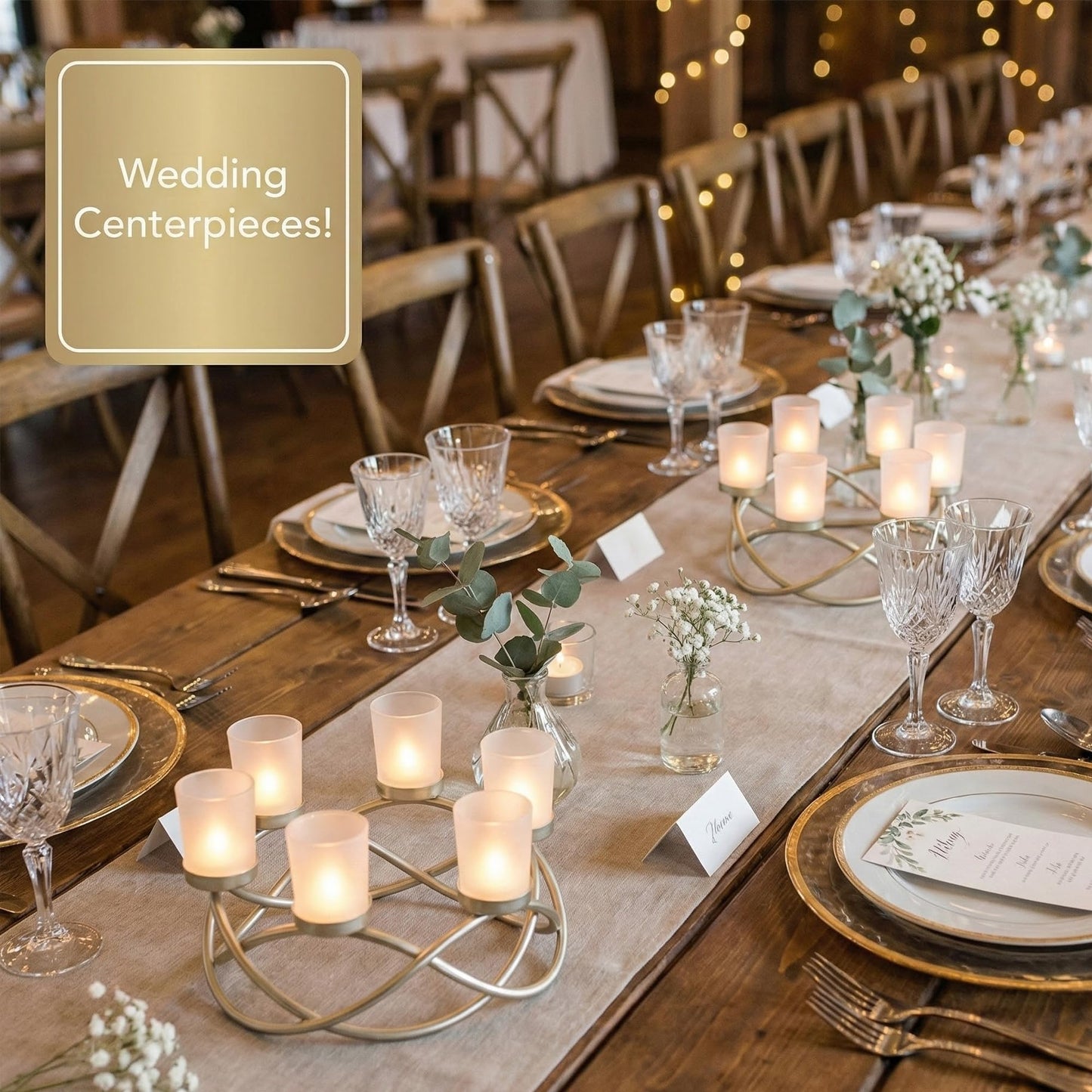 Iron Round Table Decor Centerpiece Decorations Candle Holder for Weddings, Outdoor Patio, Kitchen, Dining Room, and Coffee Tables, Glass Votive Tealight Holders - Gold/Frosted 6-Cup - PT06
