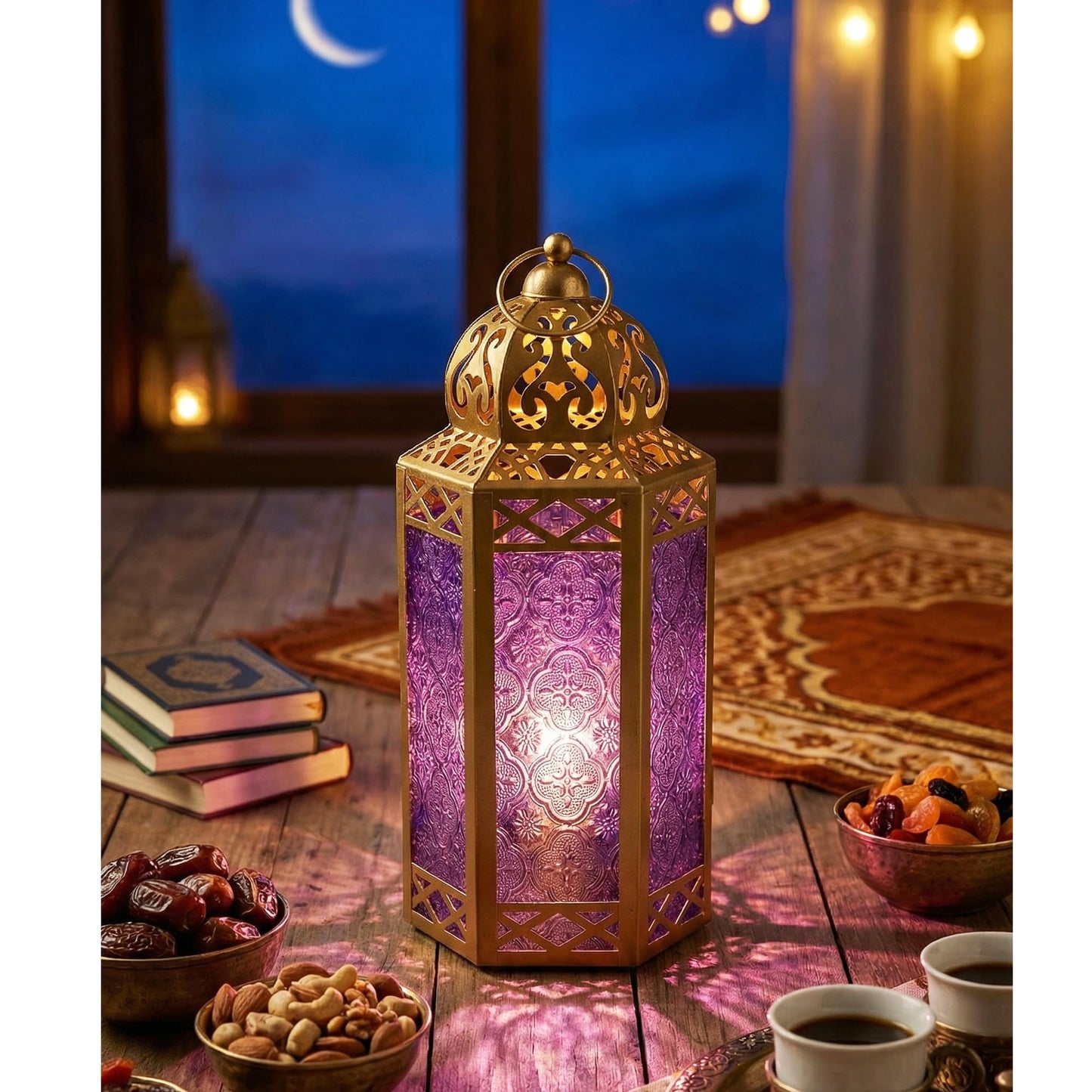 Gold Metal Decorative Moroccan Lantern Candle Holder Lamp - Indoor/Outdoor, Home Decor, Patio, Weddings, Christmas - Gold/Purple Large - PT07