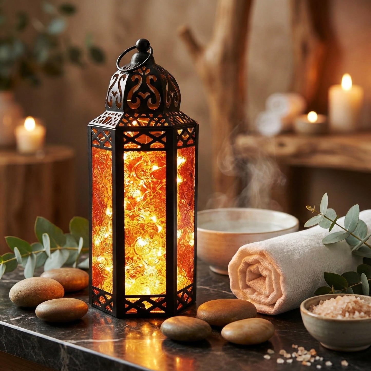 Metal Moroccan Decorative LED Fairy Lights Candle Lantern Holders for Indoor Home Fantasy Decor, Table Centerpieces, Outdoor Patio or Porch, Weddings, Medium - Amber Medium - PT08