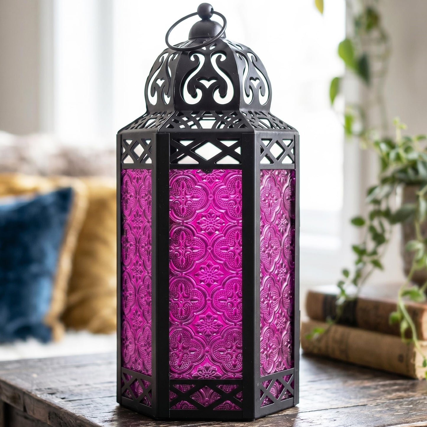 Black Metal Decorative Moroccan Lantern Candle Holder Lamp - Indoor/Outdoor, Home Decor, Patio, Weddings, Christmas - Pink Large - PT08