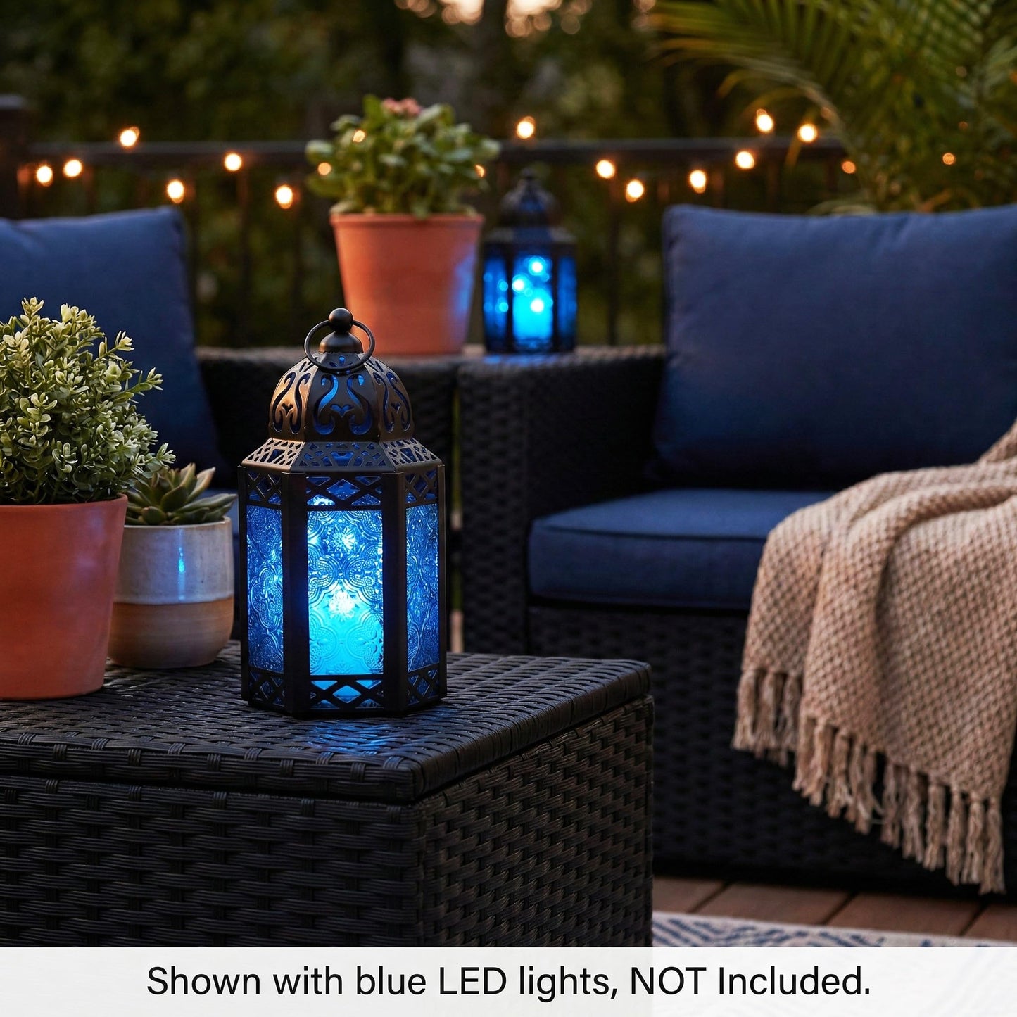 Black Metal Decorative Moroccan Lantern Candle Holder Lamp - Indoor/Outdoor, Home Decor, Patio, Weddings, Christmas - Blue Small - PT08