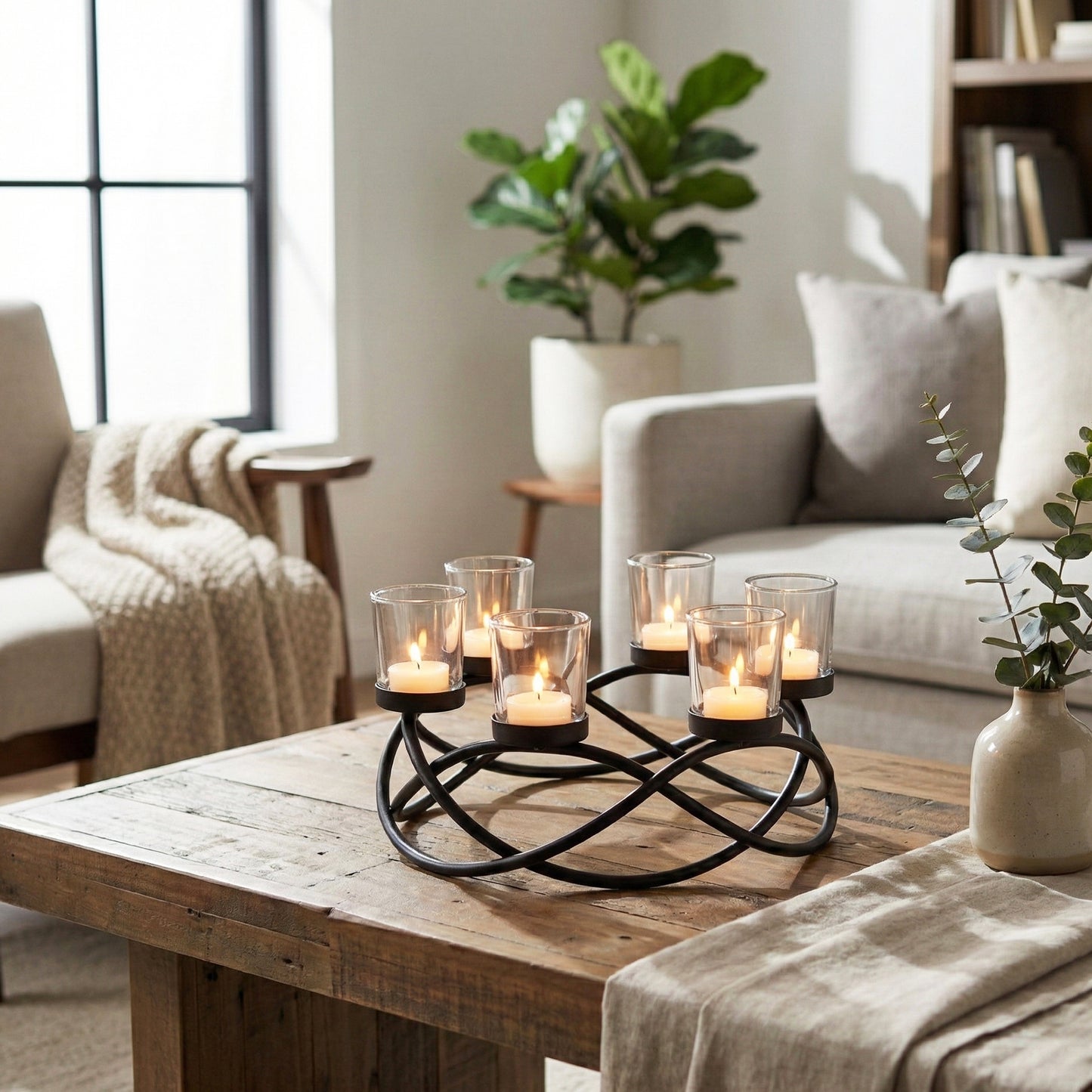 6-Cup Round Candle Holder Table Centerpiece, Clear Cups