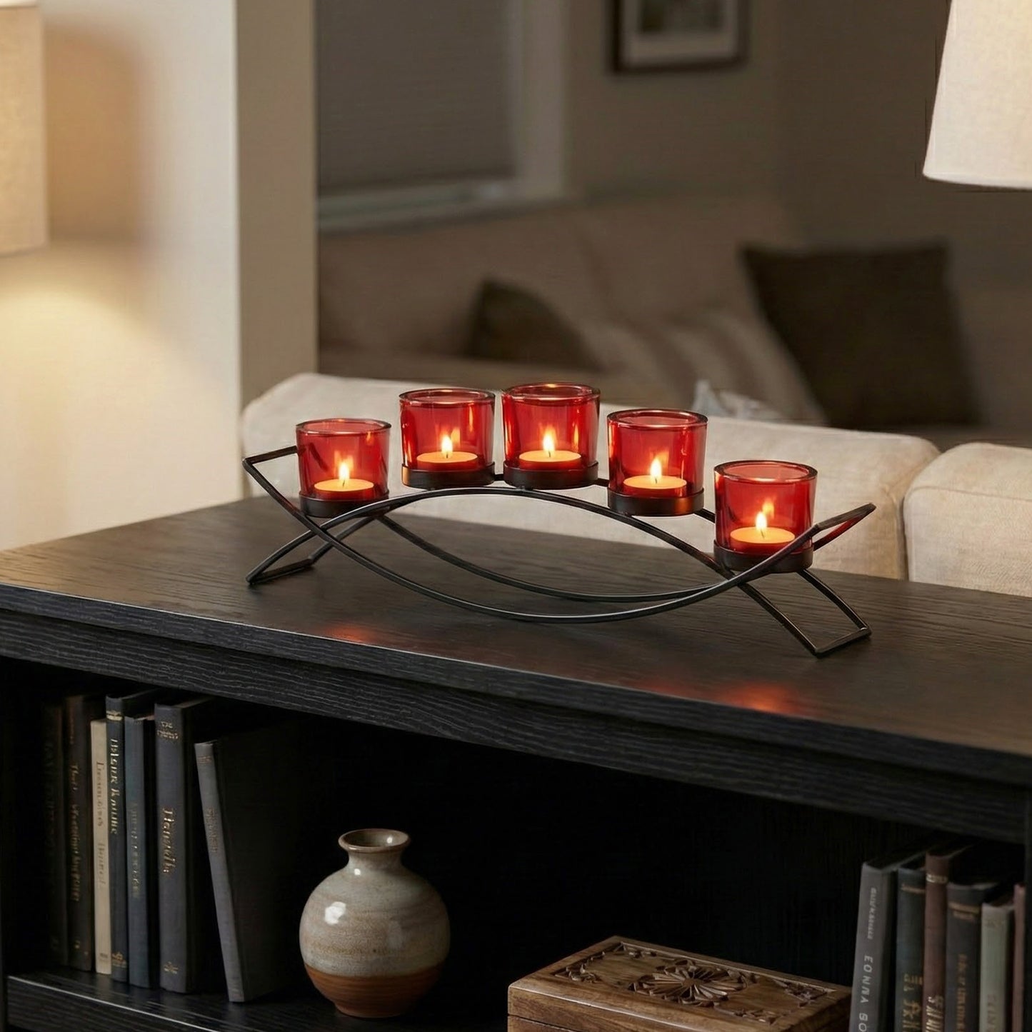 5-Cup Arch Candle Holder Centerpiece, Black with Red Cups