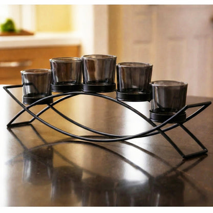 5-Cup Arch Candle Holder Centerpiece, Black with Black Cups