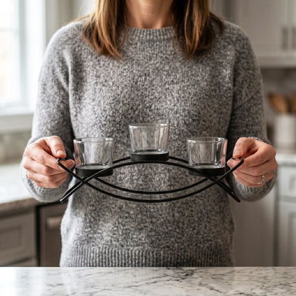 3-Cup Arch Candle Holder Centerpiece, Black with Clear Cups