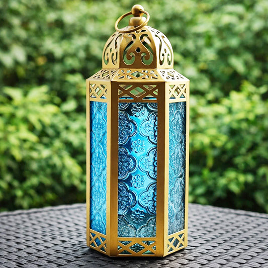 6pc Medium Gold Moroccan Candle Lanterns, Assorted Colors
