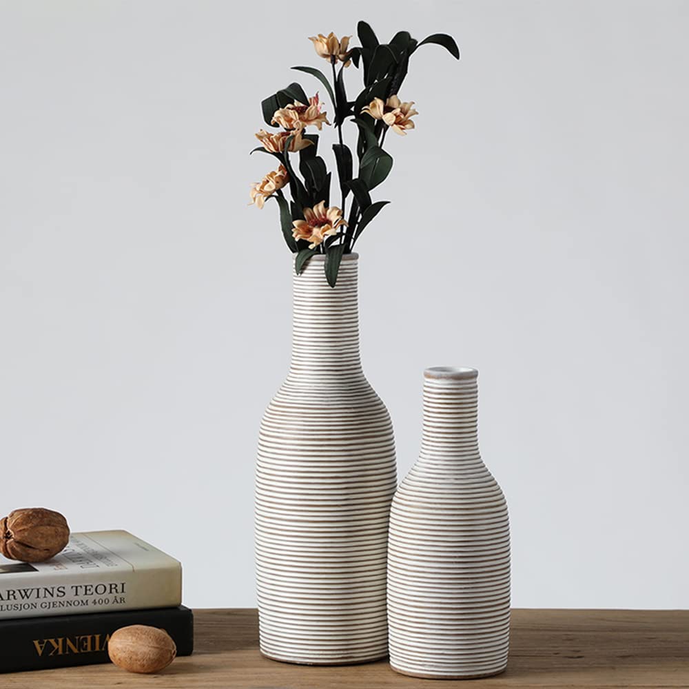 Modern Rustic Farmhouse Boho White Vase Set for Flowers, Decor, Shelf or Cabinet - White 11" + 8" + 5" - PT02