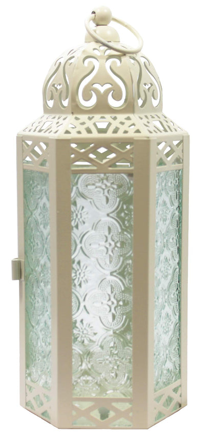 Black Metal Decorative Moroccan Lantern Candle Holder Lamp - Indoor/Outdoor, Home Decor, Patio, Weddings, Christmas - Light Cream Medium - PT02