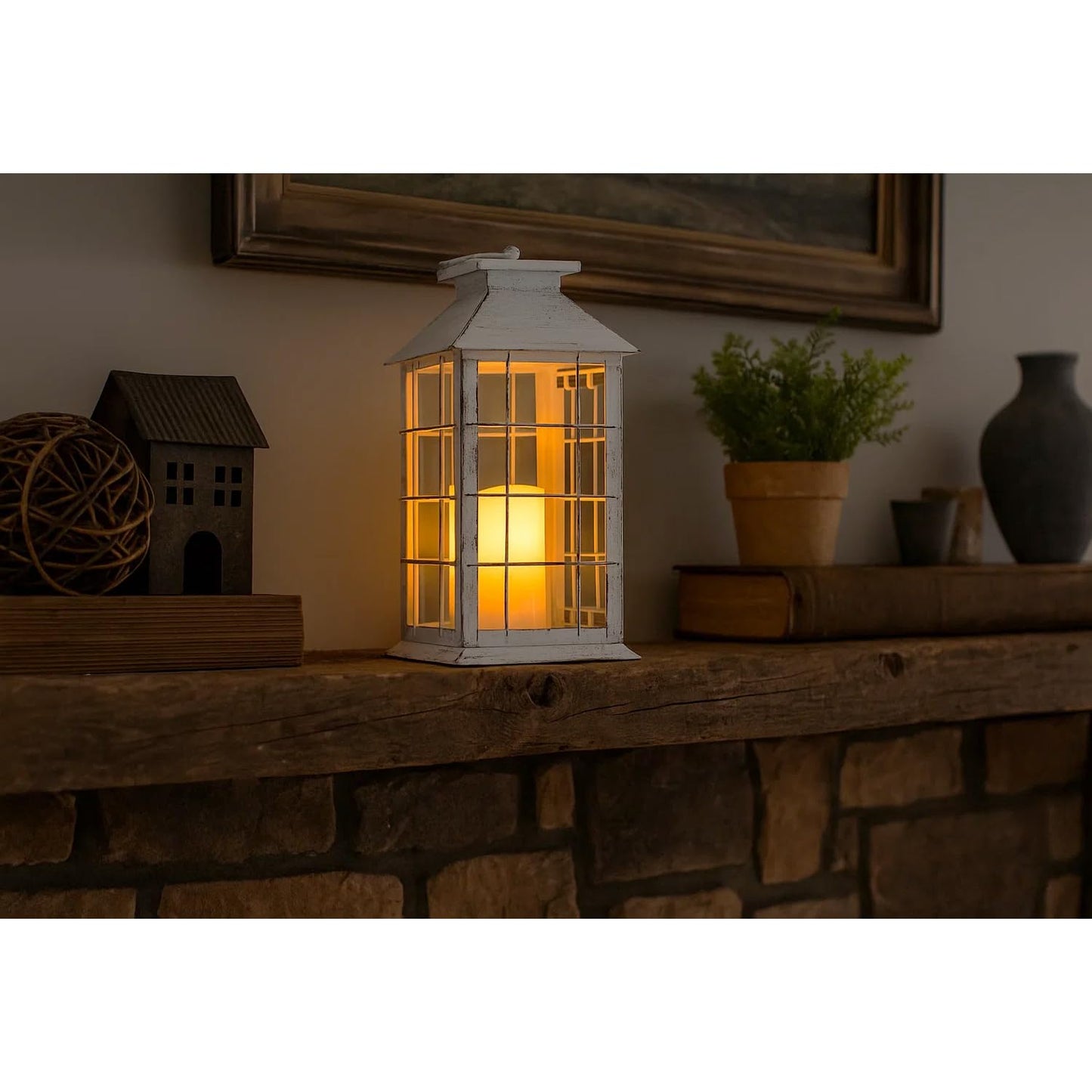 11" Rustic Decorative Candle Lantern – Vintage Metal & Glass Holder for Pillar Candles – Farmhouse Tabletop & Hanging Lantern for Indoor or Patio Decor, White - Rustic White - PT02