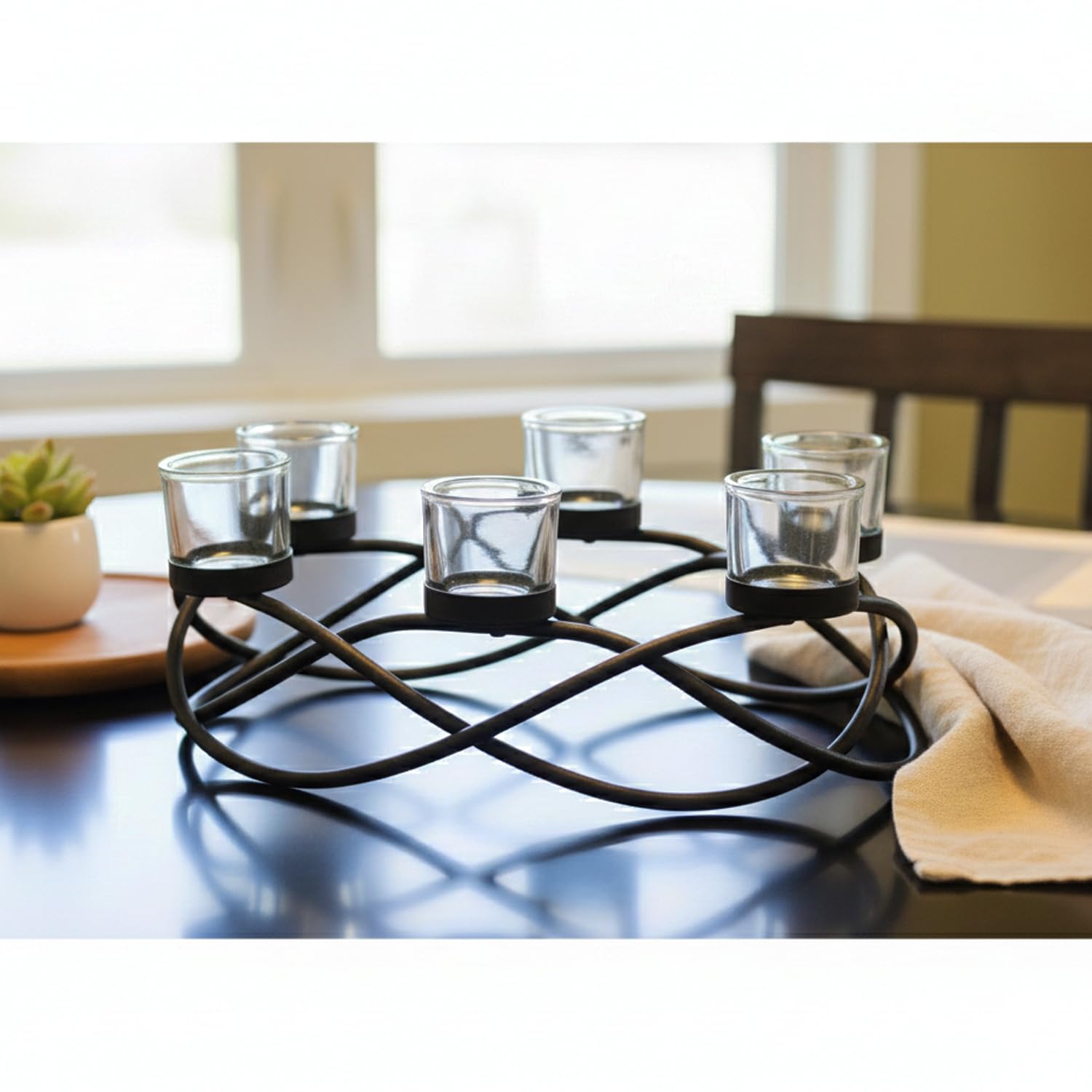 Iron Oval Table Decor Centerpiece Decorations Candle Holder for Weddings, Outdoor Patio, Kitchen, Dining Room, and Coffee Tables, Glass Votive Tealight Holders, - Oval Clear 6-Cup - PT04