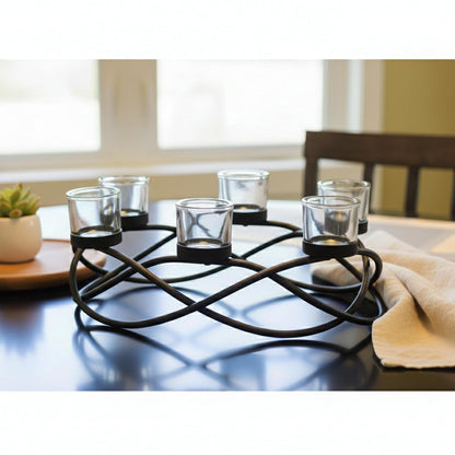 Iron Oval Table Decor Centerpiece Decorations Candle Holder for Weddings, Outdoor Patio, Kitchen, Dining Room, and Coffee Tables, Glass Votive Tealight Holders, - Oval Clear 6-Cup - PT04