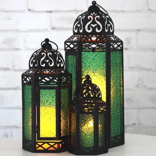 Set of 3 Green Glass & Black Metal Moroccan Candle Lantern Holders (XL, Large, Small) - Decorative Indoor/Outdoor Decor for Patio, Floor, Weddings & Ramadan - Green XL-LAR-SM - PT01