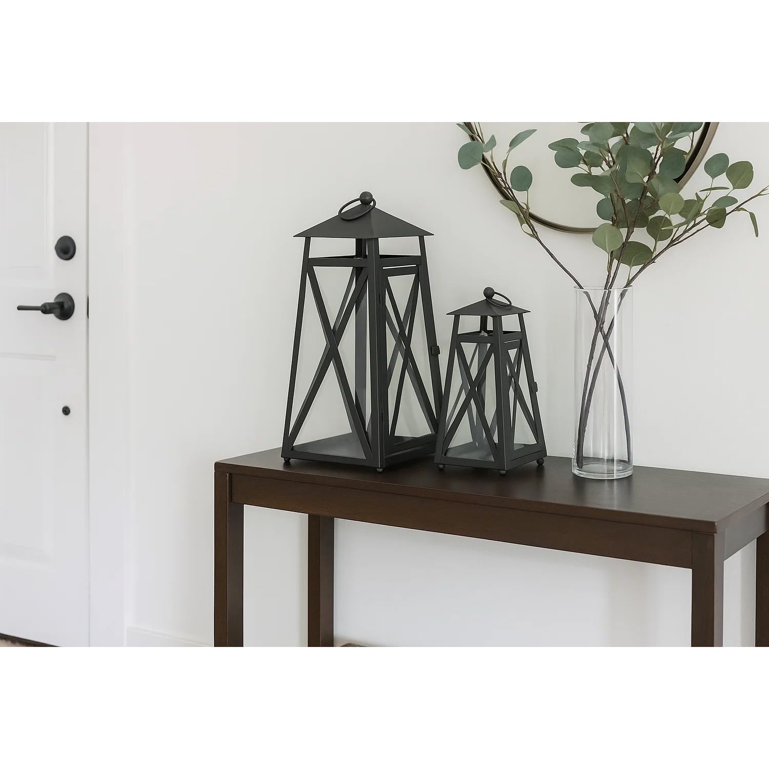 Black Watchtower Candle Lanterns for Outdoor Patio or Porch – Set of 2 Decorative Metal & Glass Lanterns for Pillar Candles – Rustic Farmhouse Indoor Tabletop D - Black 14.5" H x 6" W - PT02