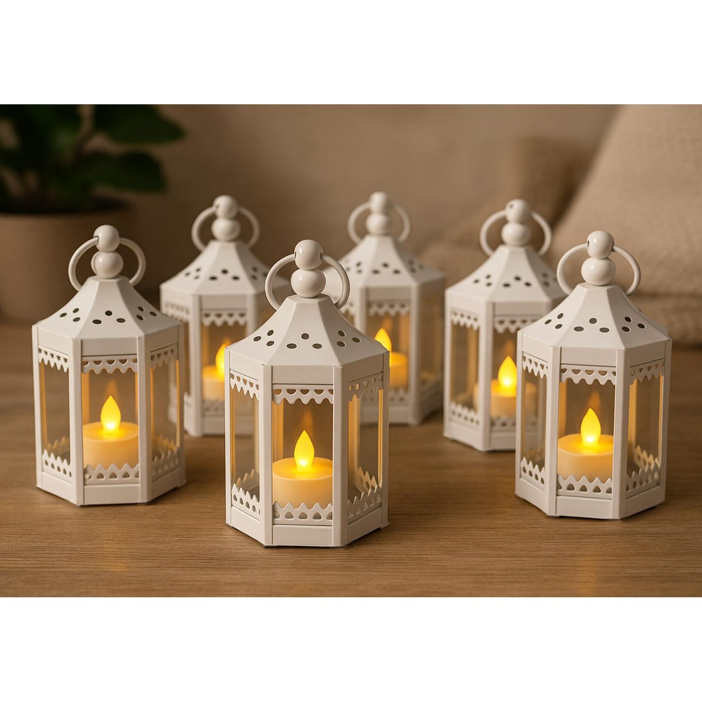6pc Mini Small 4.5 Inch Metal Moroccan Lanterns Decorative Candle Tealight Holders for Centerpieces, Ramadan, Home Decor, Weddings, White - White Set of 6 - PT06