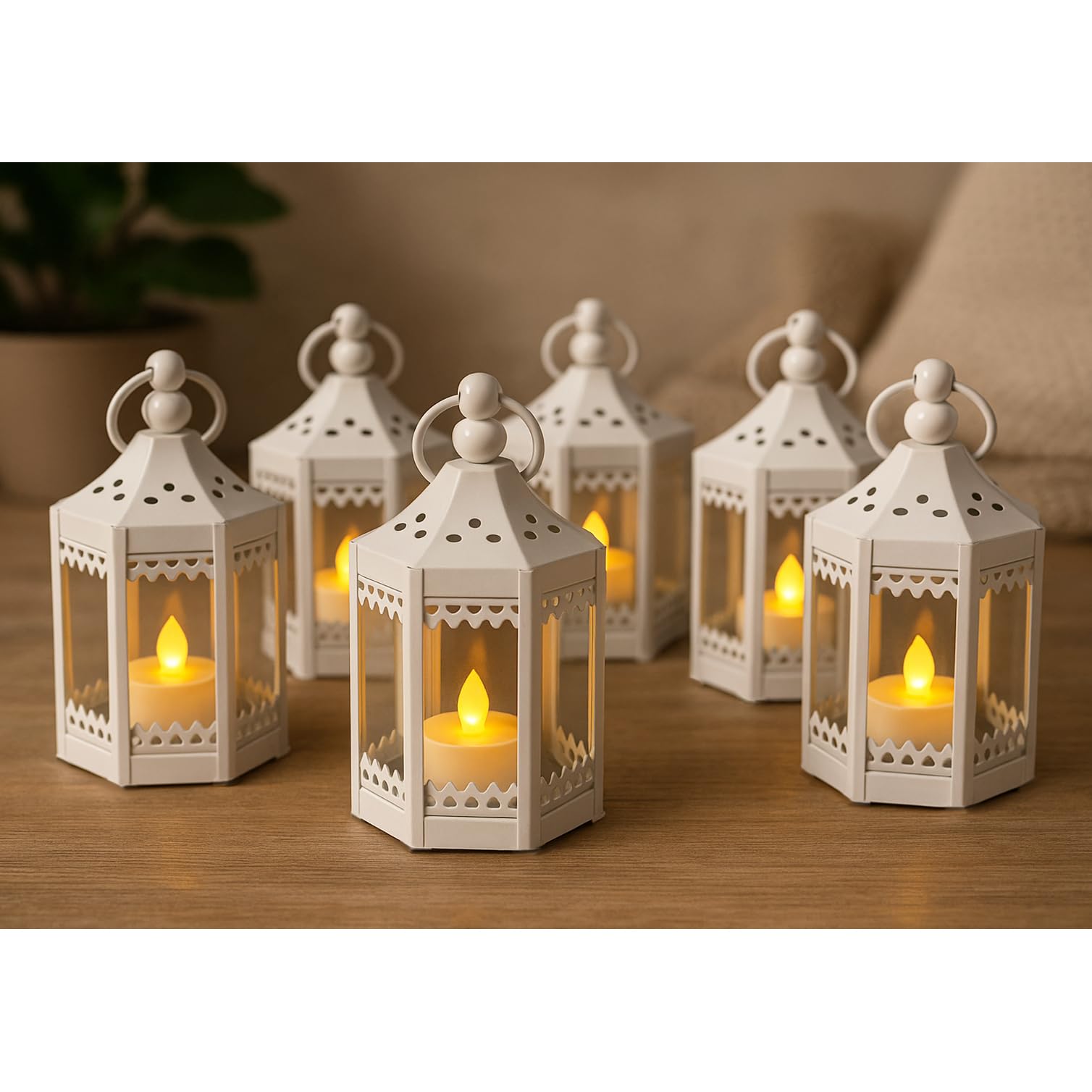 6pc Mini Small 4.5 Inch Metal Moroccan Lanterns Decorative Candle Tealight Holders for Centerpieces, Ramadan, Home Decor, Weddings, White - White Set of 6 - PT06