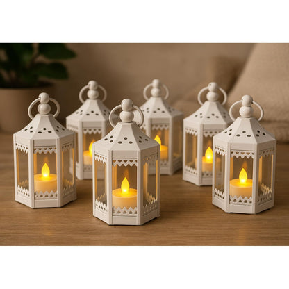 6pc Mini Small 4.5 Inch Metal Moroccan Lanterns Decorative Candle Tealight Holders for Centerpieces, Ramadan, Home Decor, Weddings, White - White Set of 6 - PT06