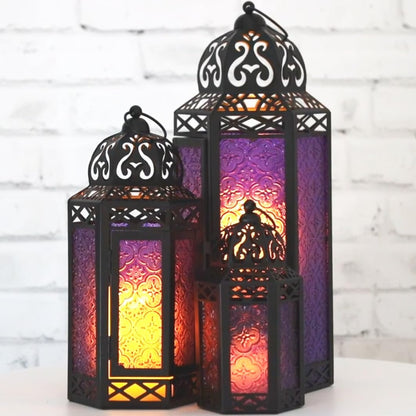 Set of 3 Purple Glass & Black Metal Moroccan Candle Lantern Holders (XL, Large, Small) - Decorative Indoor/Outdoor Decor for Patio, Floor, Weddings & Ramadan - Purple XL-LAR-SM - PT02