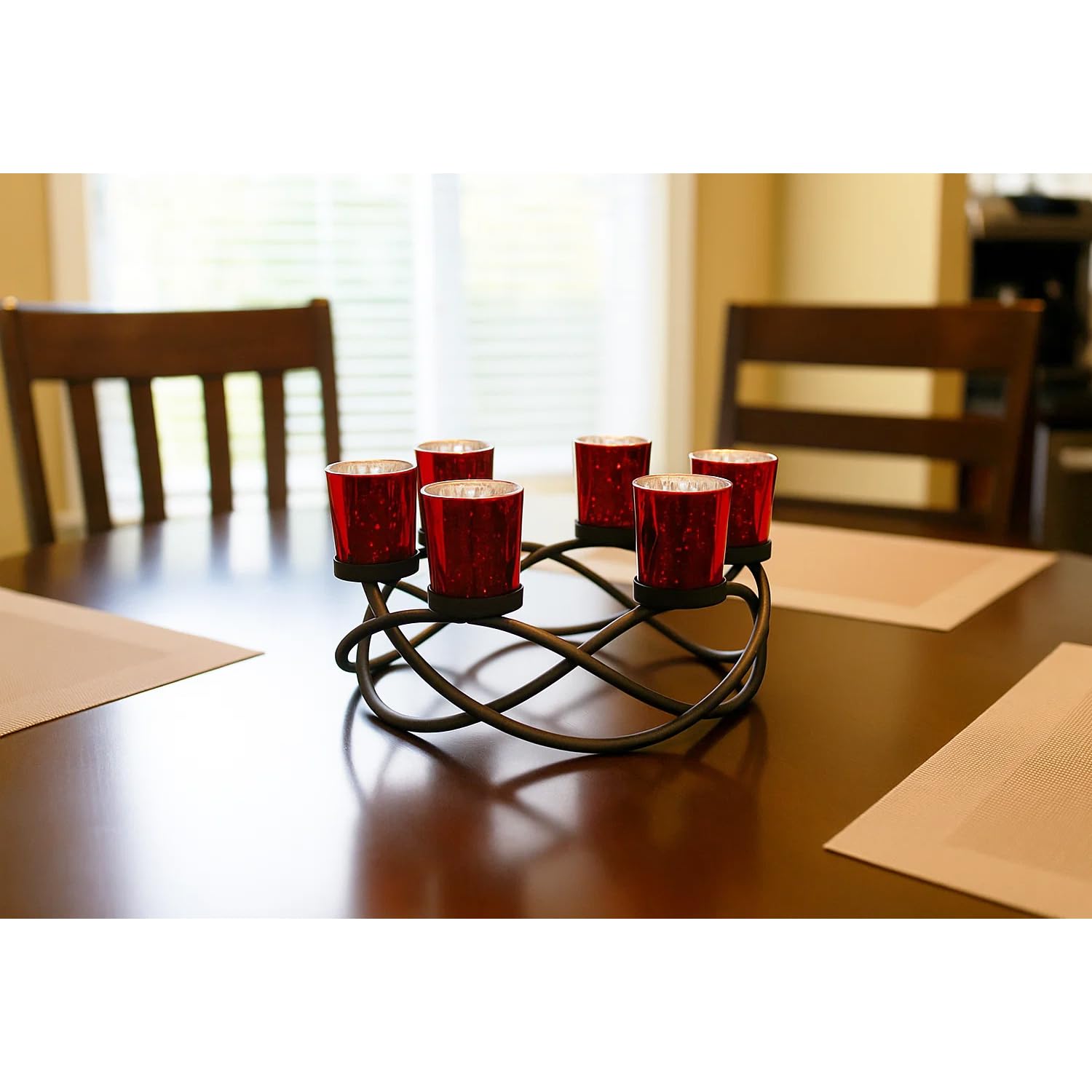 Iron Round Votive Tealight Candle Holder Centerpiece for Halloween and Christmas Decorations - Table Decor for Weddings, Outdoor Patio, Kitchen, and Coffee Tabl - Black/Red circular - PT08