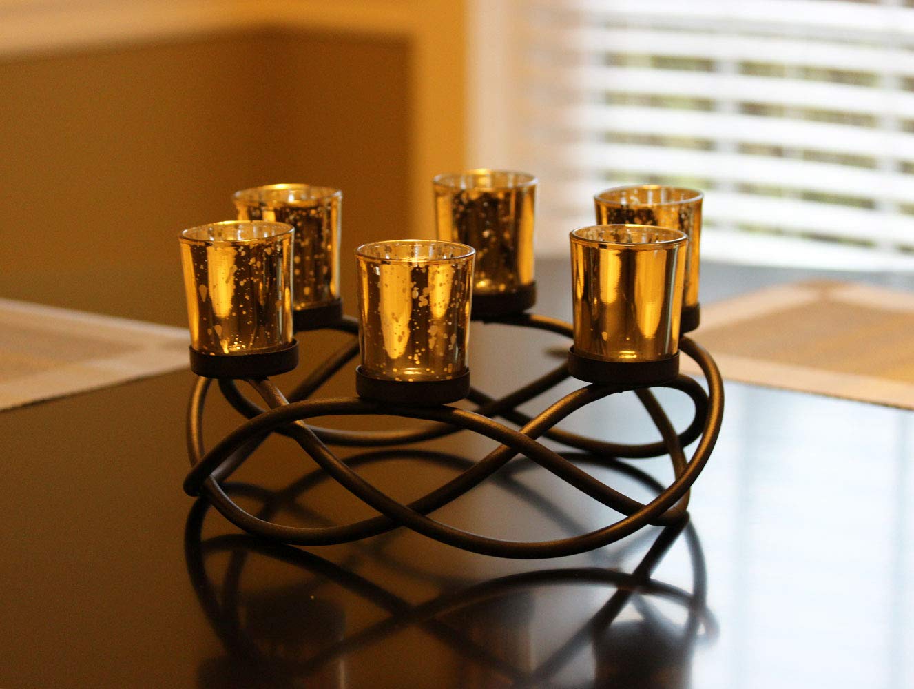 Iron Round Table Decor Centerpiece Decorations Candle Holder for Weddings, Outdoor Patio, Kitchen, Dining Room, and Coffee Tables, Glass Votive Tealight Holders - Black/Gold 6-Cup - PT06