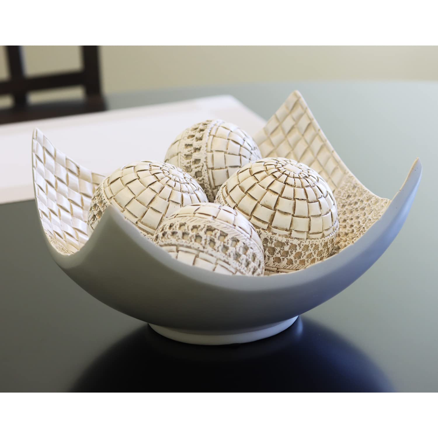 5pc Scoop Bowl Table Centerpieces for Dining Room, Large Decorative Bowls for Coffee Table Decor, Kitchen, Orbs/Balls Included, 14" diagonal. 11" wide and 5.75" - White 11 inches wide and 5.75 inches tall - PT08