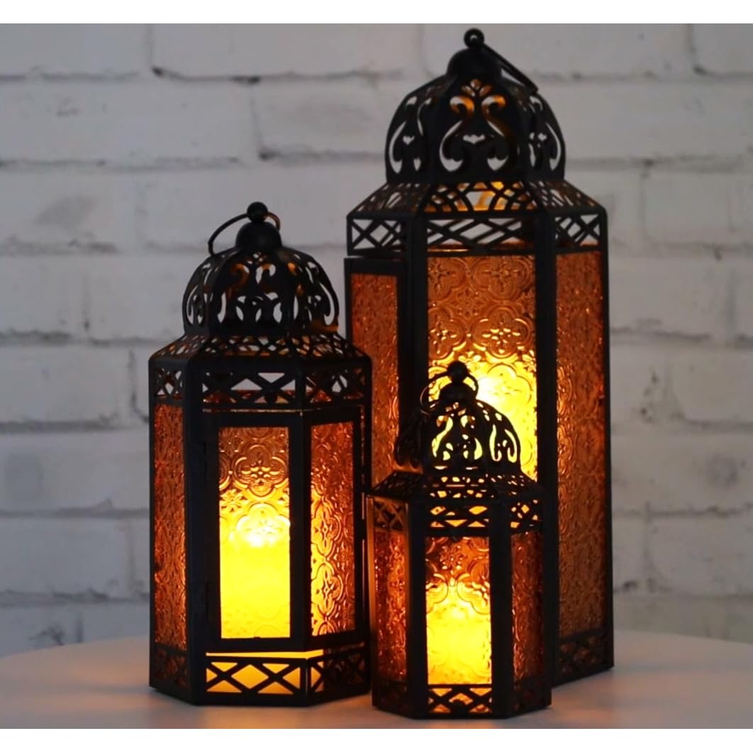 Set of 3 Metal Moroccan Candle Lantern Holders (XL, Large, Small) - Decorative Indoor/Outdoor Decor for Patio, Floor, Weddings & Ramadan - Silver XL-LAR-SM - PT01
