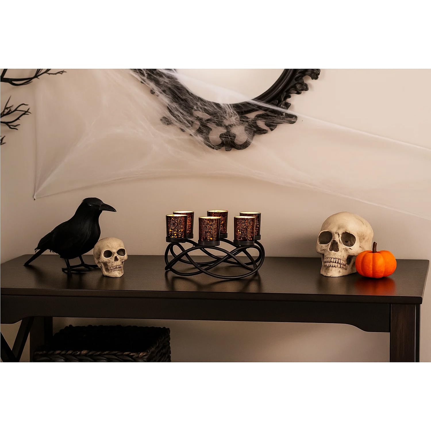 Halloween Candle Holder Centerpiece Decoration – Black Metal Iron 6-Cup Votive Tealight Holder for Spooky Table Gothic Decor, Kitchen & Dining Room, Coffee Tabl - Black 6-Cup - PT08