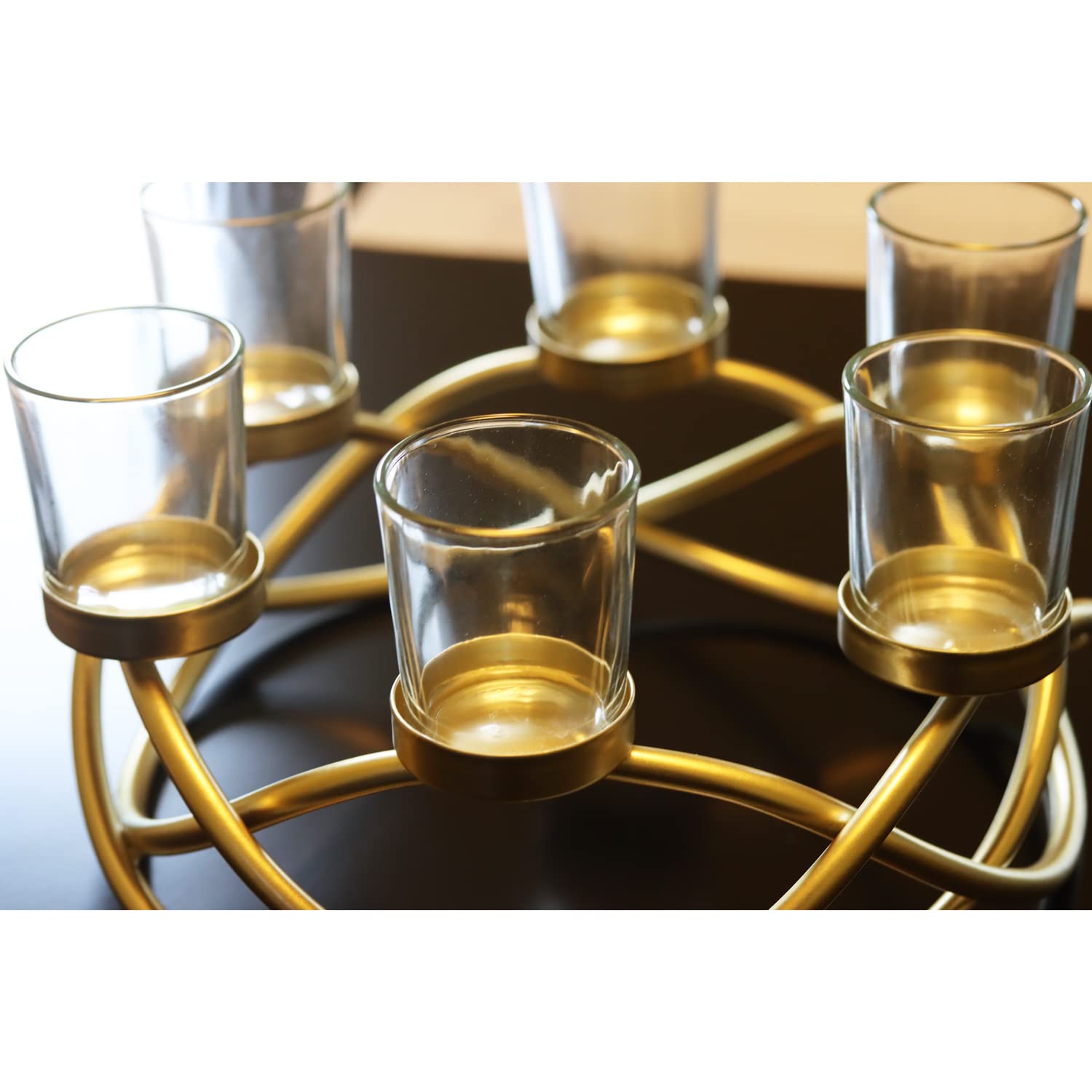 Iron Round Table Decor Centerpiece Decorations Candle Holder for Weddings, Outdoor Patio, Kitchen, Dining Room, and Coffee Tables, Glass Votive Tealight Holders - Gold/Clear 6-Cup - PT06
