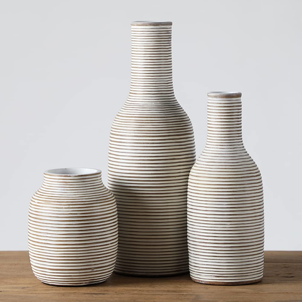 Modern Rustic Farmhouse Boho White Vase Set for Flowers, Decor, Shelf or Cabinet - White 11" + 8" + 5" - MAIN