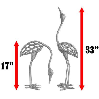 Cast Iron Metal Crane/Heron Bird Garden Art Sculptures Statues for Indoor or Outdoor Lawn Decor, Antique Green, Set of 2 - Antique Green Garden Crane Set of 2 - PT08