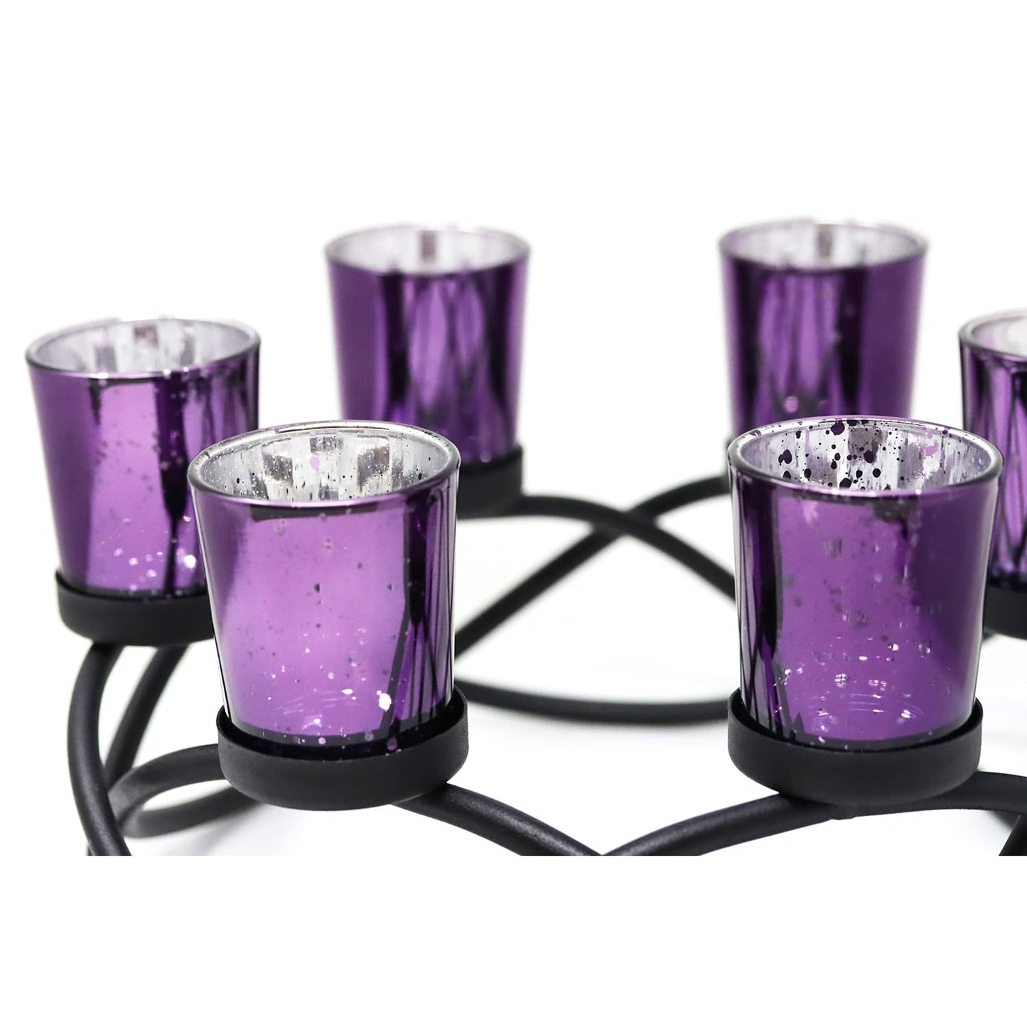 Iron Round Table Decor Centerpiece Decorations Candle Holder for Weddings, Outdoor Patio, Kitchen, Dining Room, and Coffee Tables, Glass Votive Tealight Holders - Black/Purple circular - PT01
