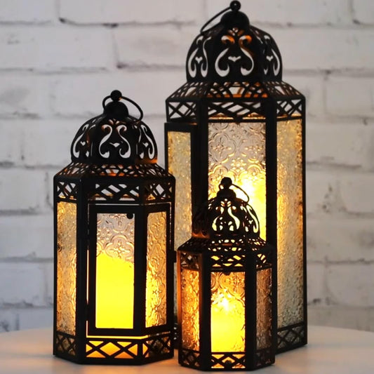 Set of 3 Clear Glass & Black Metal Moroccan Candle Lantern Holders (XL, Large, Small) - Decorative Indoor/Outdoor Decor for Patio, Floor, Weddings & Ramadan - Clear XL-LAR-SM - PT01