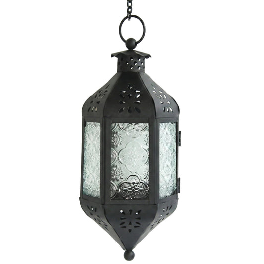 11.5" Hanging Moroccan Decorative Candle Lantern Lamp – Indoor/Outdoor Tea Light Candle Holder for Patio, Porch, Ramadan or Home Decor, Frosted Clear - Clear - MAIN