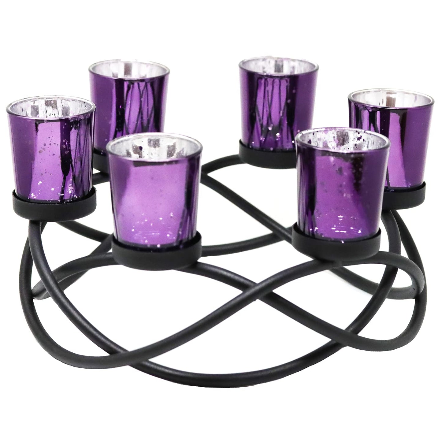 Iron Round Table Decor Centerpiece Decorations Candle Holder for Weddings, Outdoor Patio, Kitchen, Dining Room, and Coffee Tables, Glass Votive Tealight Holders - Black/Purple circular - MAIN